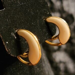 Vintage Goldtone and Cream Enamel Moon Hoop Pierced Earrings